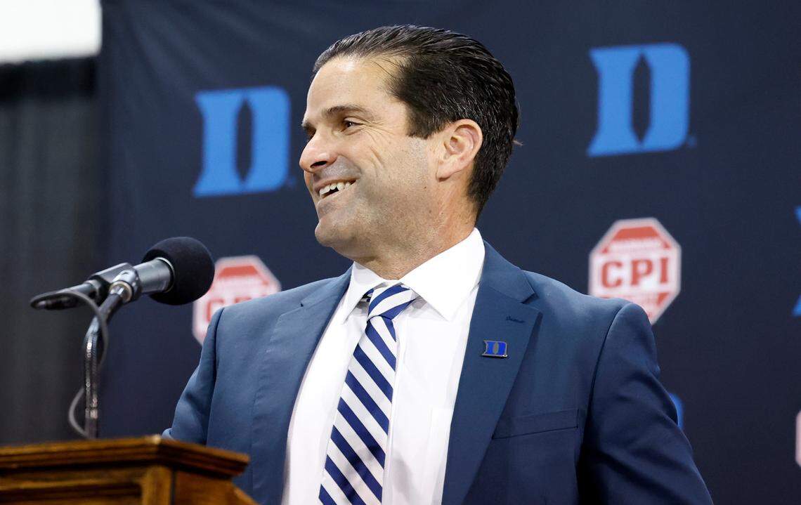 New Duke head football coach Manny Diaz speaks during a press conference at Pascal Field House in Durham, N.C., Saturday, Dec. 9, 2023.