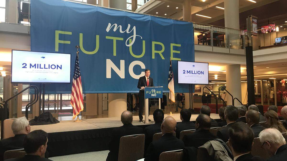 Gov. Roy Cooper addresses attendees of myFutureNC’s event at NCSU on Wednesday, Feb. 20.