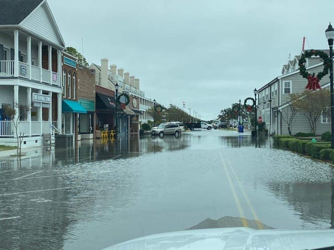 Front Street in Beaufort is one of several roads in coastal North Carolina that flood more frequently than weather forecasts predict, a pair of researchers found. The street is shown here in during a November 2019 nor’easter, but the road often floods during minor rain events.
