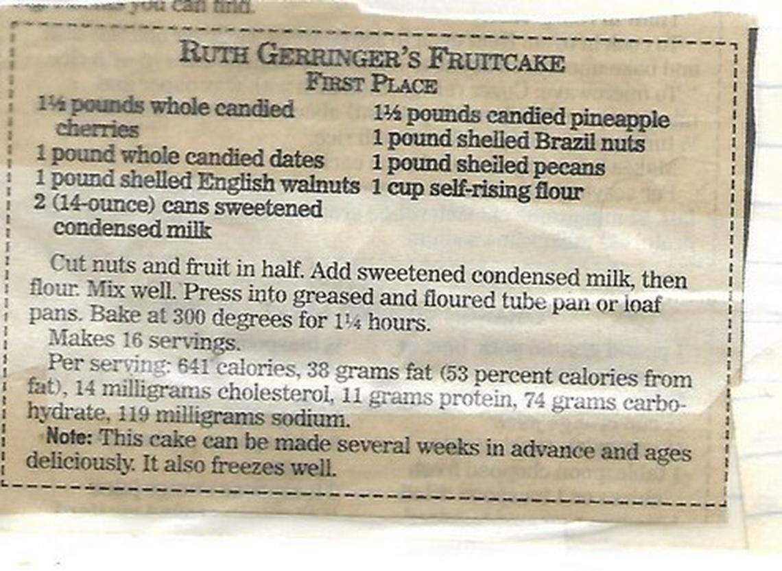 Ruth Gerringer’s fruitcake recipe from 1992, which won The N&O’s annual contest.