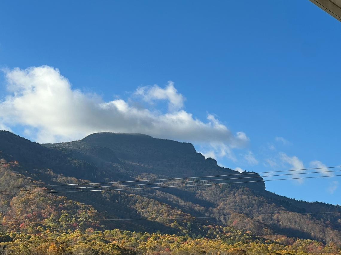 A view of Grandfather Mountain from Highway 105 on the way to Rime Frost Road.