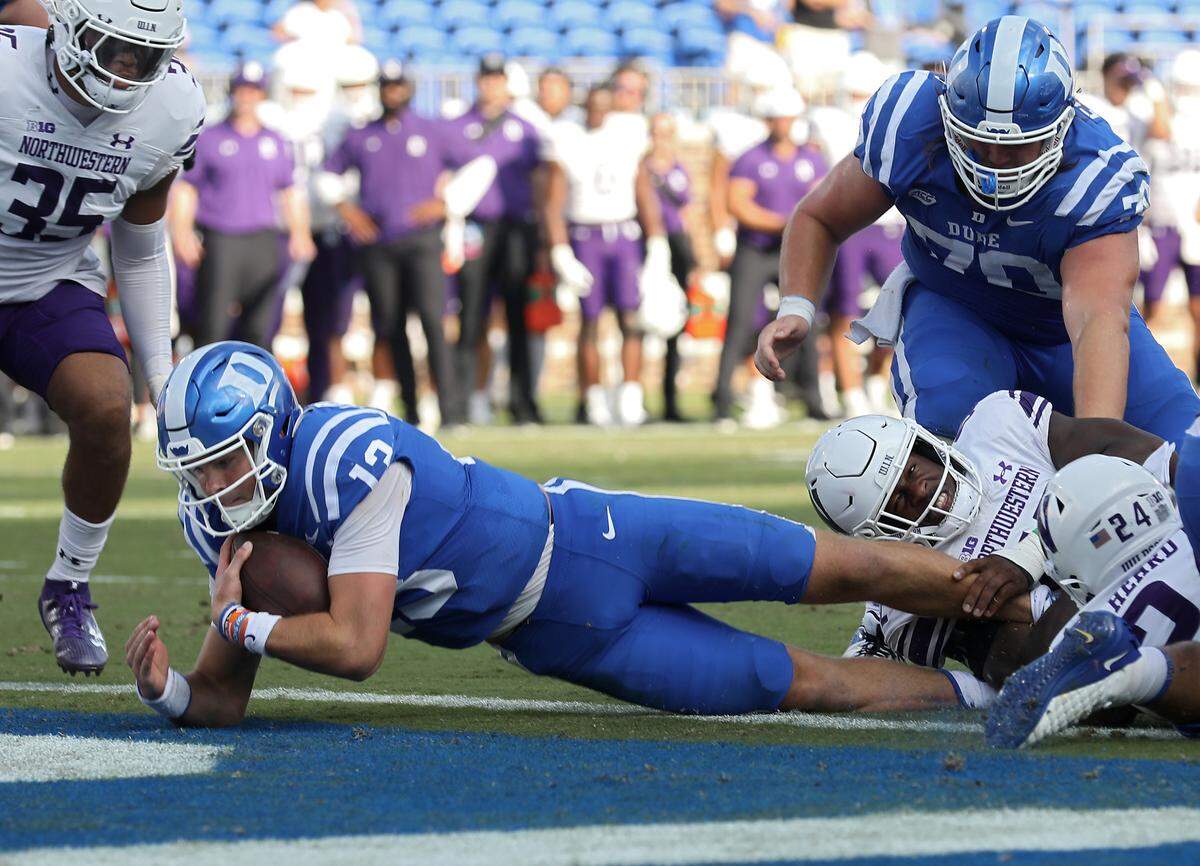 Duke’s Riley Leonard runs the ball for a touchdown during the second half of the Blue Devils’ 38-14 win over Northwestern on Saturday, Sept. 16, 2023, at Wallace Wade Stadium in Durham, N.C.