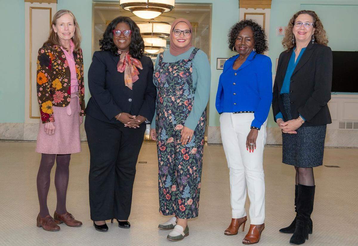 The Durham County Board of Commissioners, from left: Heidi Carter, Nimasheena Burns, Nida Allam, Brenda Howerton and Wendy Jacobs.