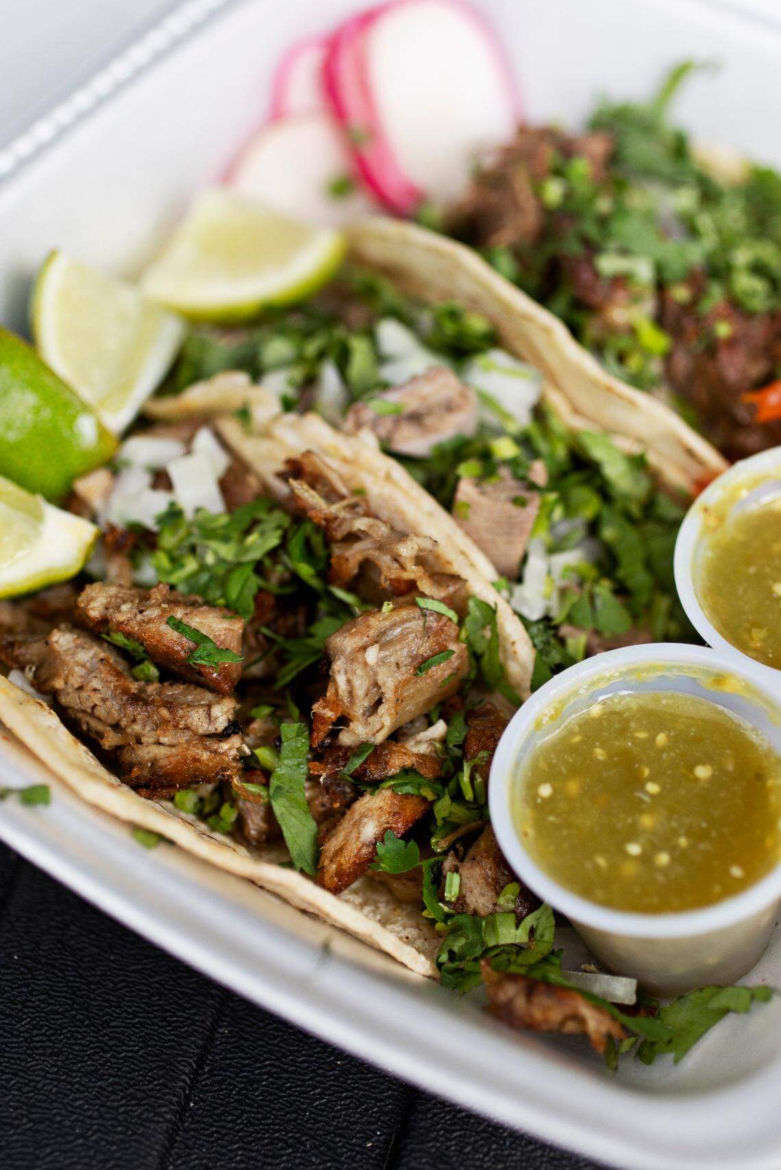 Carnitas, lengua and barbacoa tacos from Los Cuates in Raleigh.