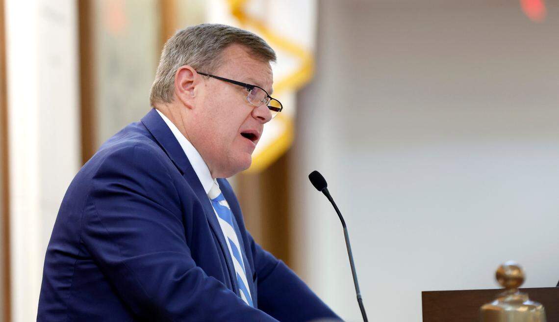House Speaker Tim Moore presides over the General Assembly on the first day of their short session in Raleigh, N.C., Wednesday, April 24, 2024.