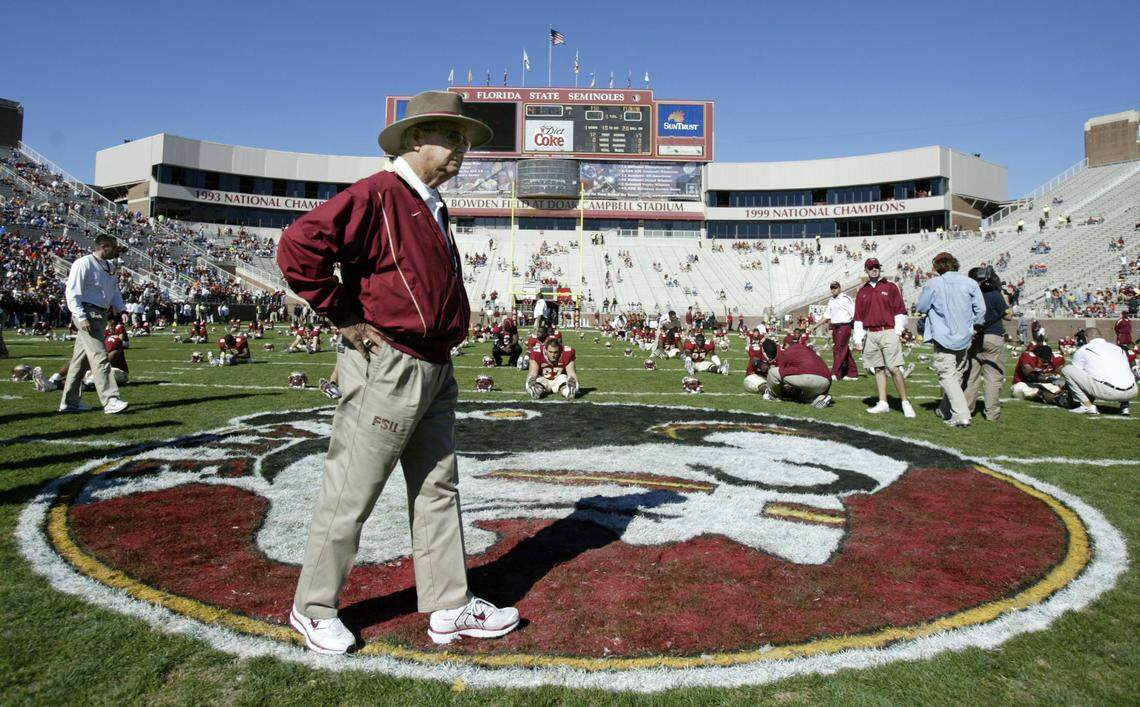 Florida State Seminoles head coach Bobby Bowden watches the team warm up before their game against the Florida Gators at Doak Campbell Stadium in Tallahassee, Fla. in 2006.