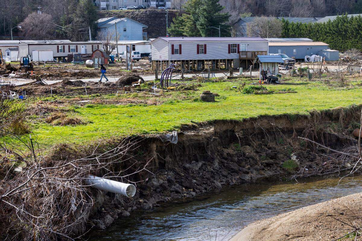 Flood waters from Hurricane Helene caused Winkler Creek to flood the adjacent mobile home park, destroying many of the homes. Photographed on Wednesday, November 27, 2024 in Boone, N.C.