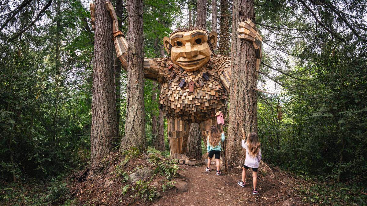 Jakob, the troll, sits about four meters tall. The wooden structure, built by famed troll artist Thomas Dambo, was commissioned by the city of Issaquah, Washington, in 2023.