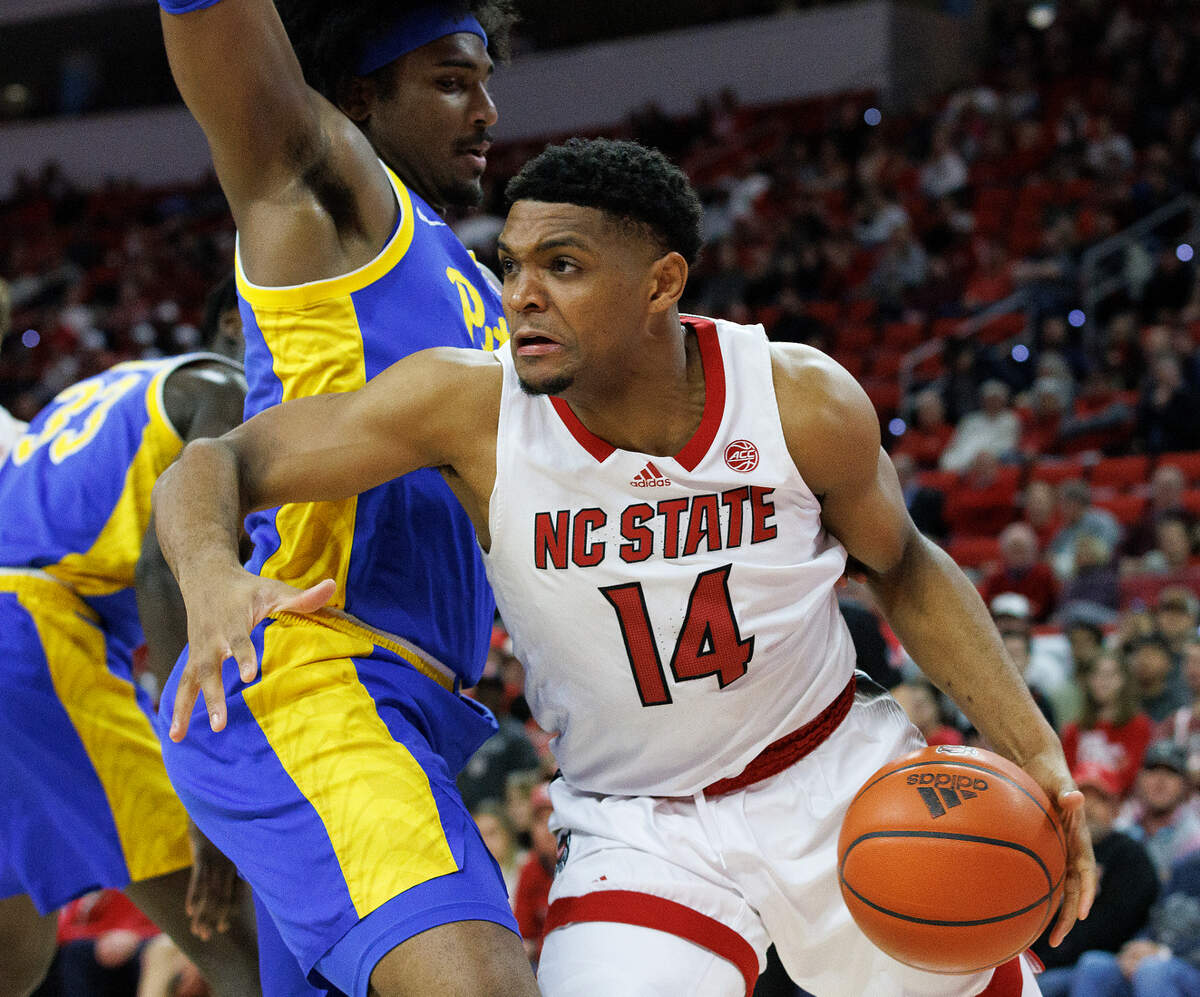 N.C. State’s Casey Morsell drives on the baseline during the first half of the Wolfpack’s game against Pittsburgh on Wednesday, Feb. 7, 2024, at PNC Arena in Raleigh, N.C.