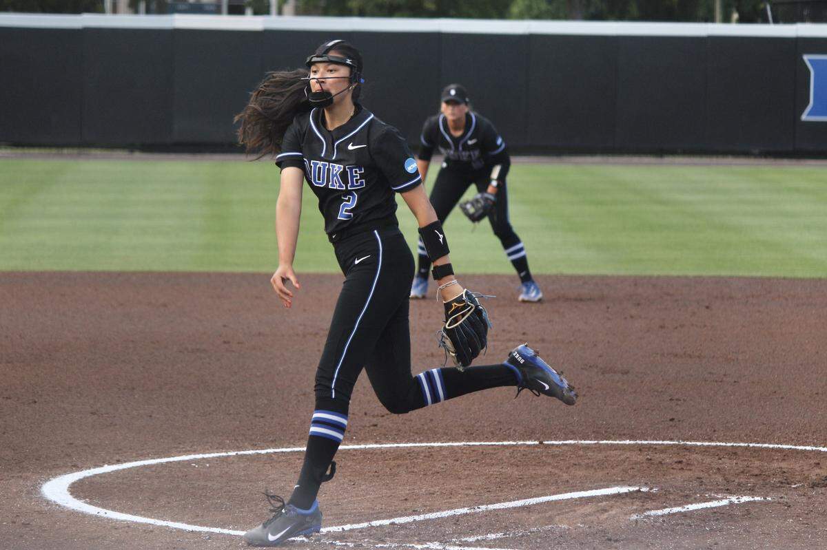 Duke pitcher Larissa Jacquez throws during the Blue Devils NCAA Tournament regional game against Marshall at Smith Family Stadium in Durham, NC, on May 16, 2026.