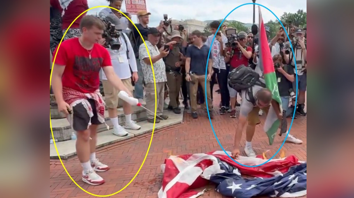 Two men set fire to an American flag outside of Union Station in Washington, D.C., on July 24, 2024. Federal prosecutors identified the man circled in yellow as Michael Snow Jr., 24, of Durham.
