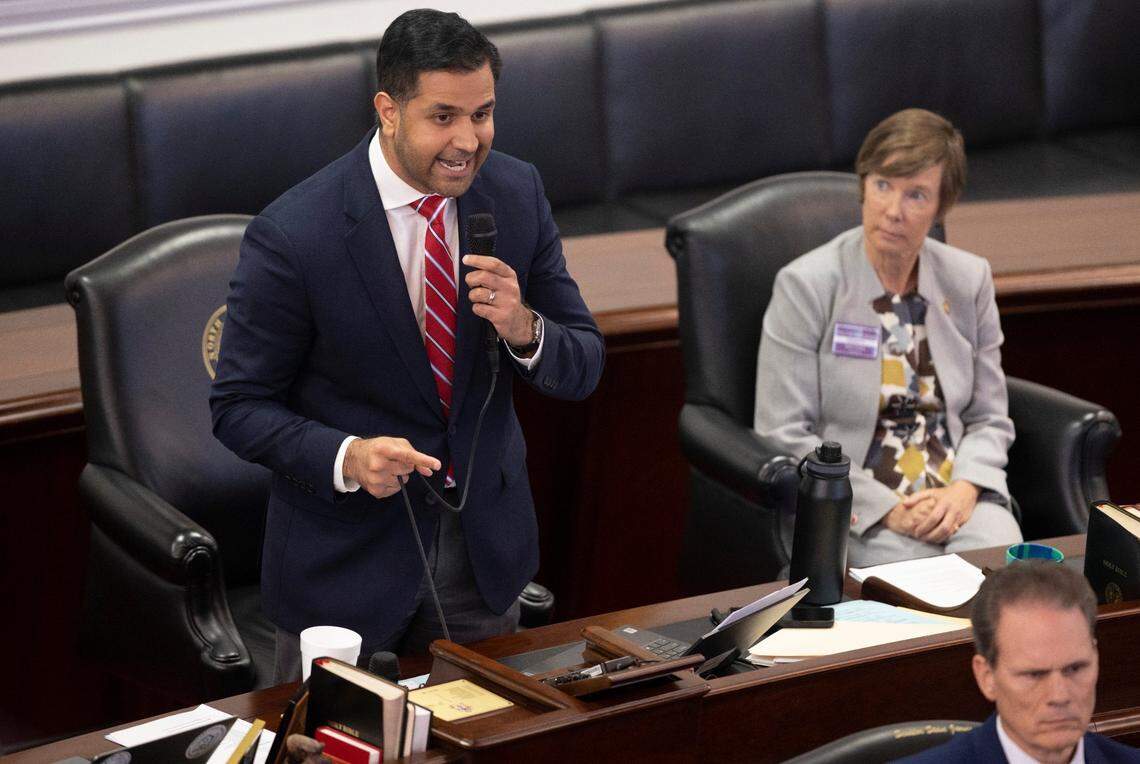 Senator Mujtaba Mohammed of Mecklenberg County speaks against the conference report on Senate Bill 20, which could restrict abortion in North Carolina, during debate on the Senate floor on Thursday, May 4, 2023 at the North Carolina General Assembly in Raleigh, N.C.