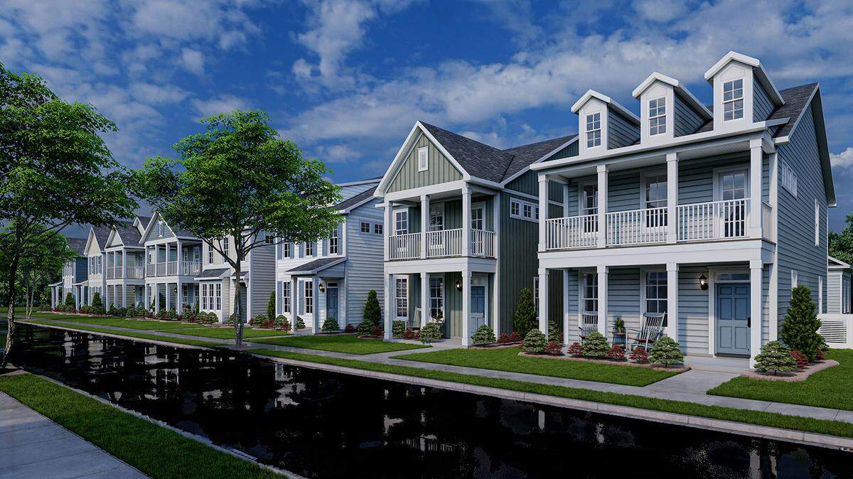 A rendering of Banks 20, which calls for a mix of single-family homes, townhomes, and apartments along the Neuse River.