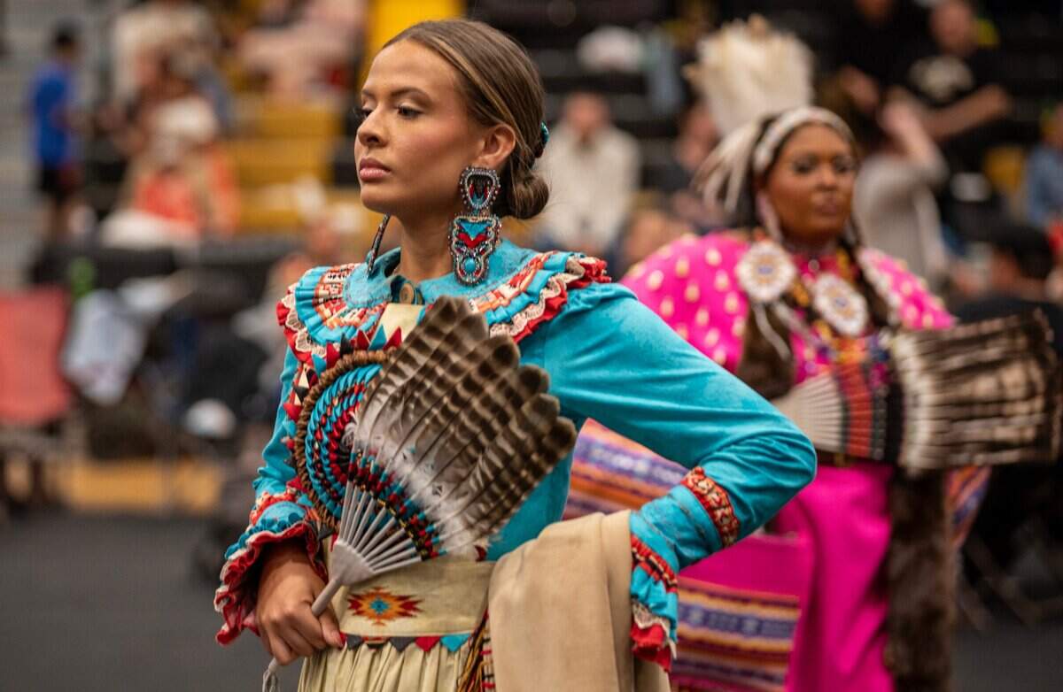 Trinity Locklear, 15, of the Lumbee tribe, dances at the Bravenation Powwow and Gathering at Pembroke at UNC-Pembroke, Saturday, March 23, 2025.