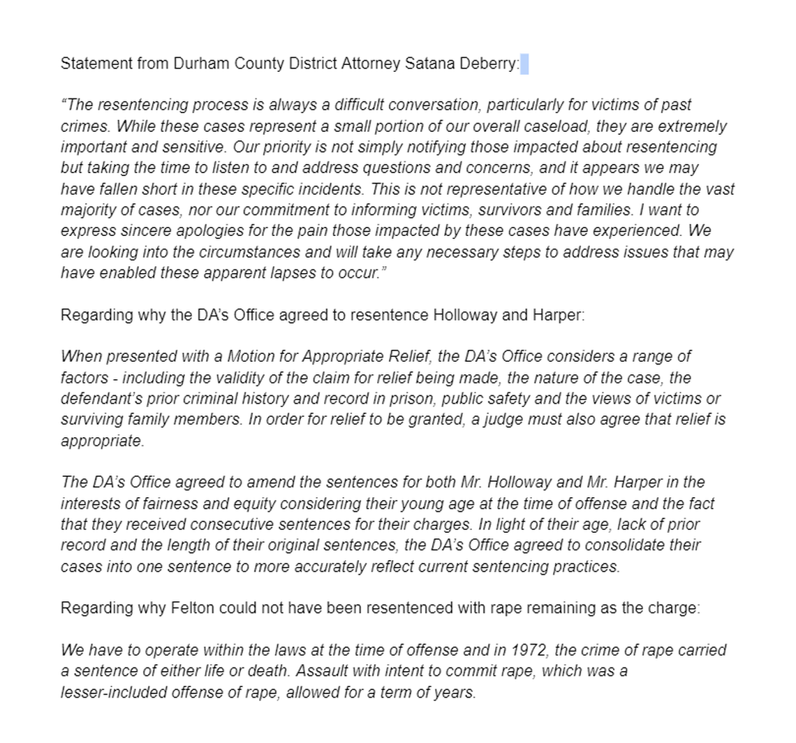 Statement from Durham County District Attorney Satana Deberry.