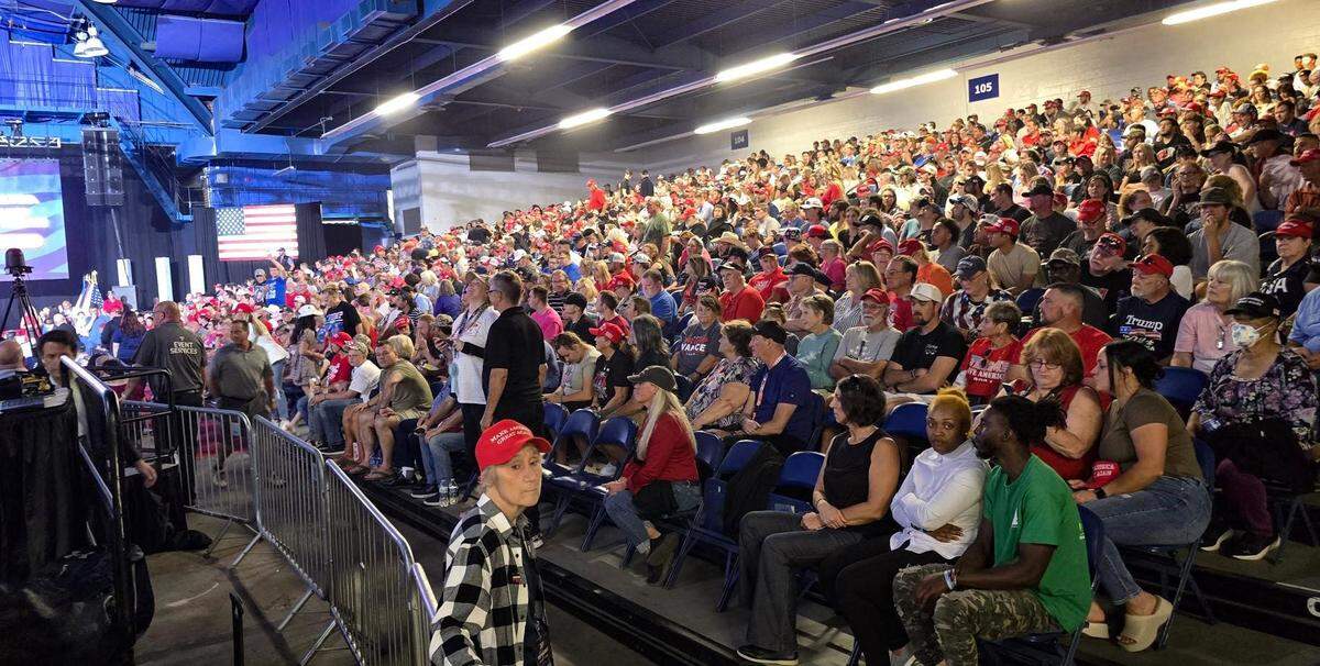 The Crown Arena fills up Friday, Oct. 4, 2024, ahead of Donald Trump’s town hall in Fayetteville, North Carolina.