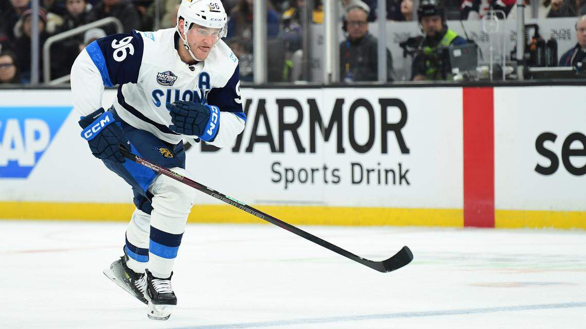 Team Finland forward Mikko Rantanen (96) skates with the puck during the second period in a 4 Nations Face-Off ice hockey game against Team Canada at TD Garden.