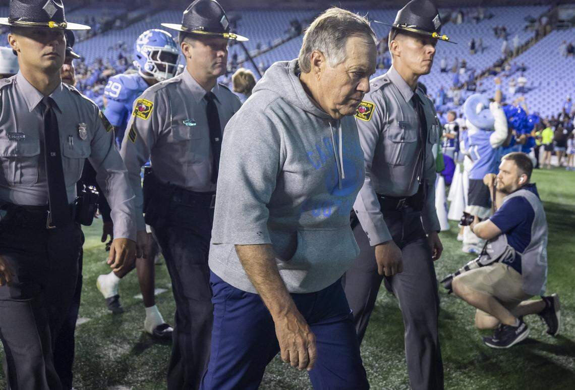 North Carolina coach Bill Belichick leaves the field following the Tar Heels’ 48-14 loss to TCU on Monday, September 1, 2025 at Kenan Stadium in Chapel Hill, N.C. 