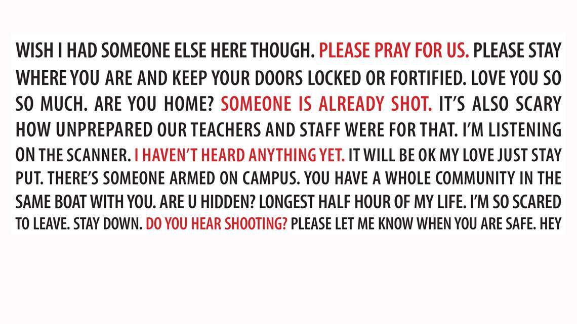 A portion of the front page of The Daily Tar Heel showing text messages sent and received by students during the lockdown when a professor was fatally shot.