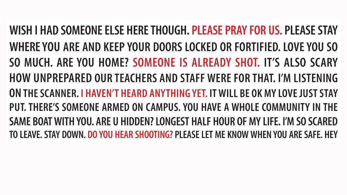 A portion of the front page of The Daily Tar Heel showing text messages sent and received by students during the lockdown when a professor was fatally shot.