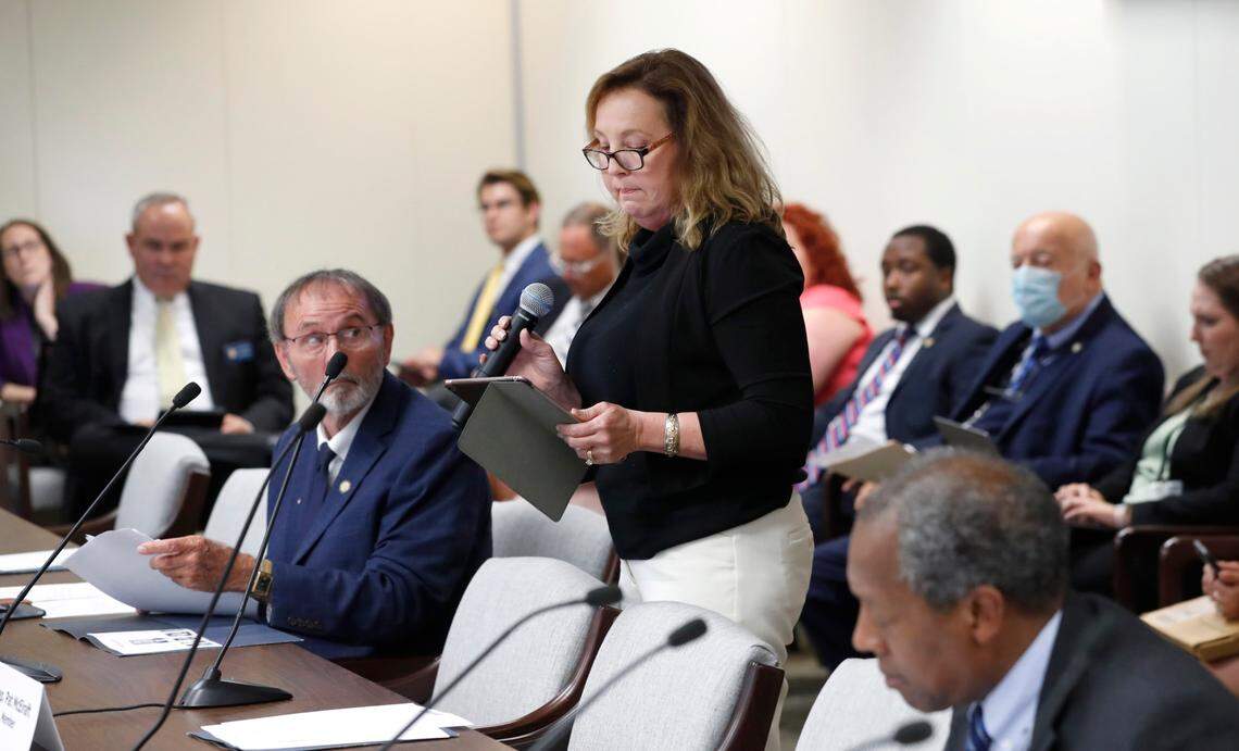 Judy Wiegand speaks during a House Judiciary Committee meeting in Raleigh, N.C. Tuesday, June 22, 2021. Wiegand, who was married when she was 13, was speaking in favor of Senate Bill 35, which would raise the minimum age to be married to 16.