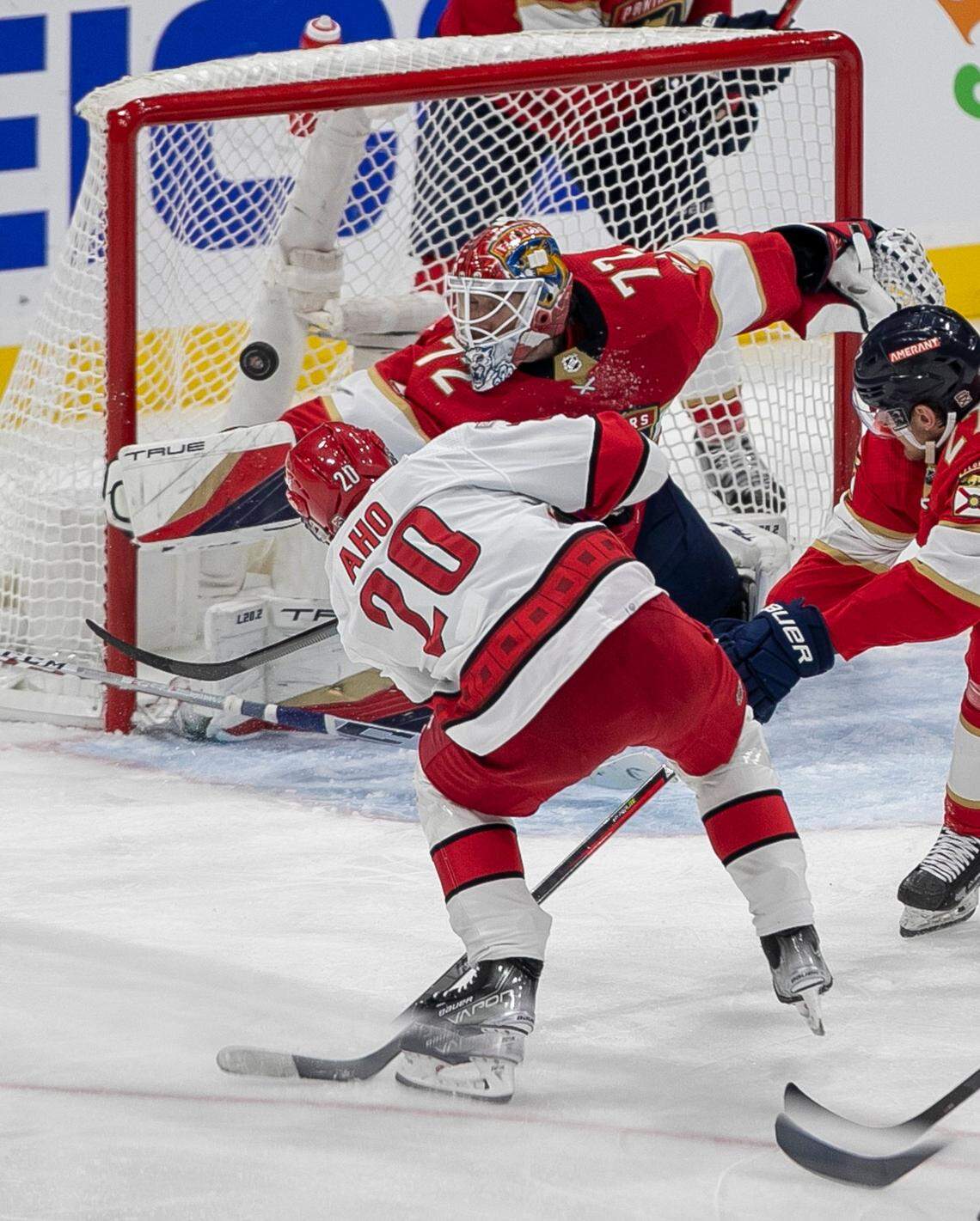 The Carolina Hurricanes Sebastian Aho (20) shoots on Florida Panthers goalie Sergei Bobrovsky (72) in the second period of Game 3 of the Eastern Conference Finals on Monday, May 22, 2023 at FLA Live Arena in Sunrise, Fla.