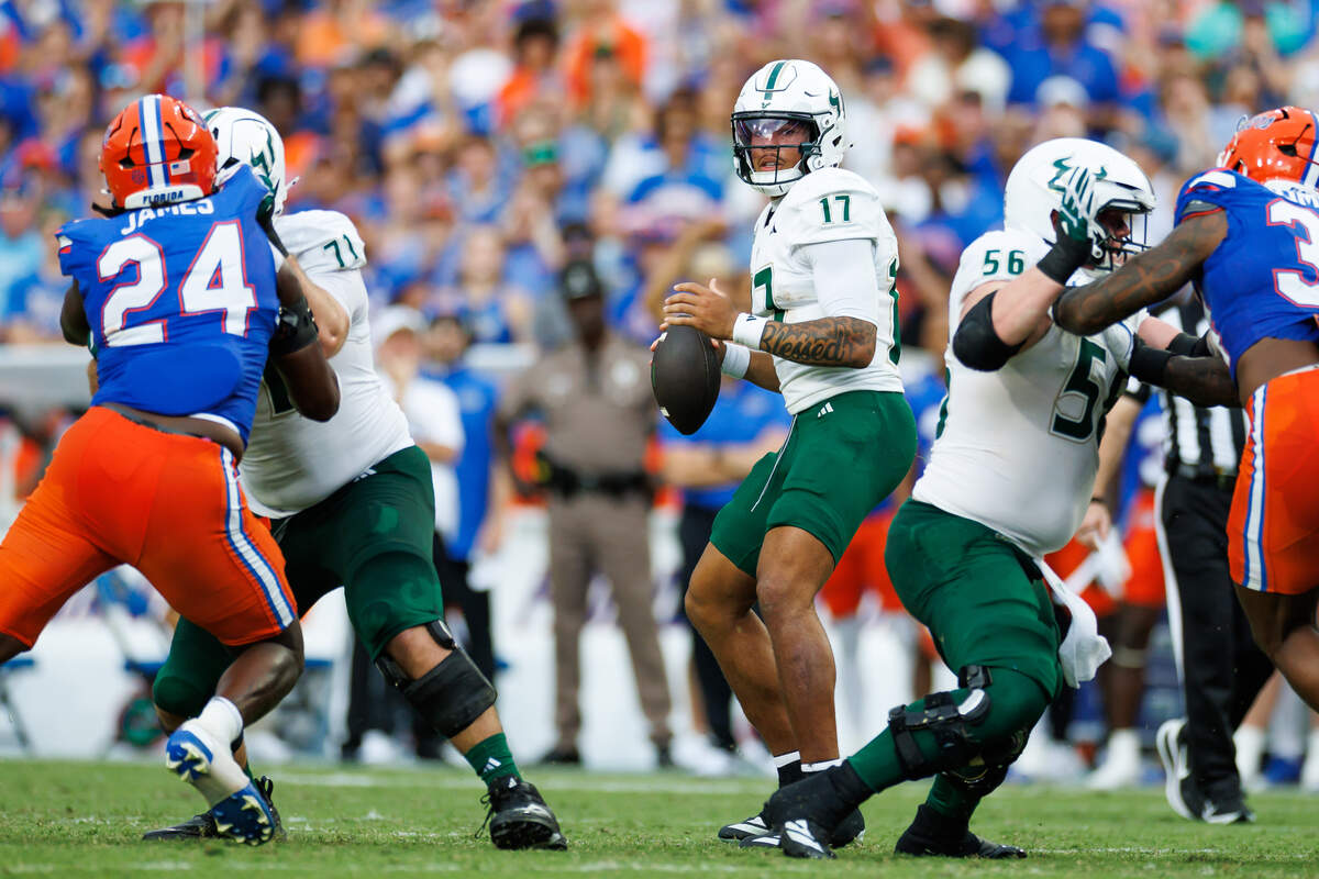 South Florida Bulls quarterback Byrum Brown (17) looks to throw against the Florida Gators during the first half at Ben Hill Griffin Stadium.