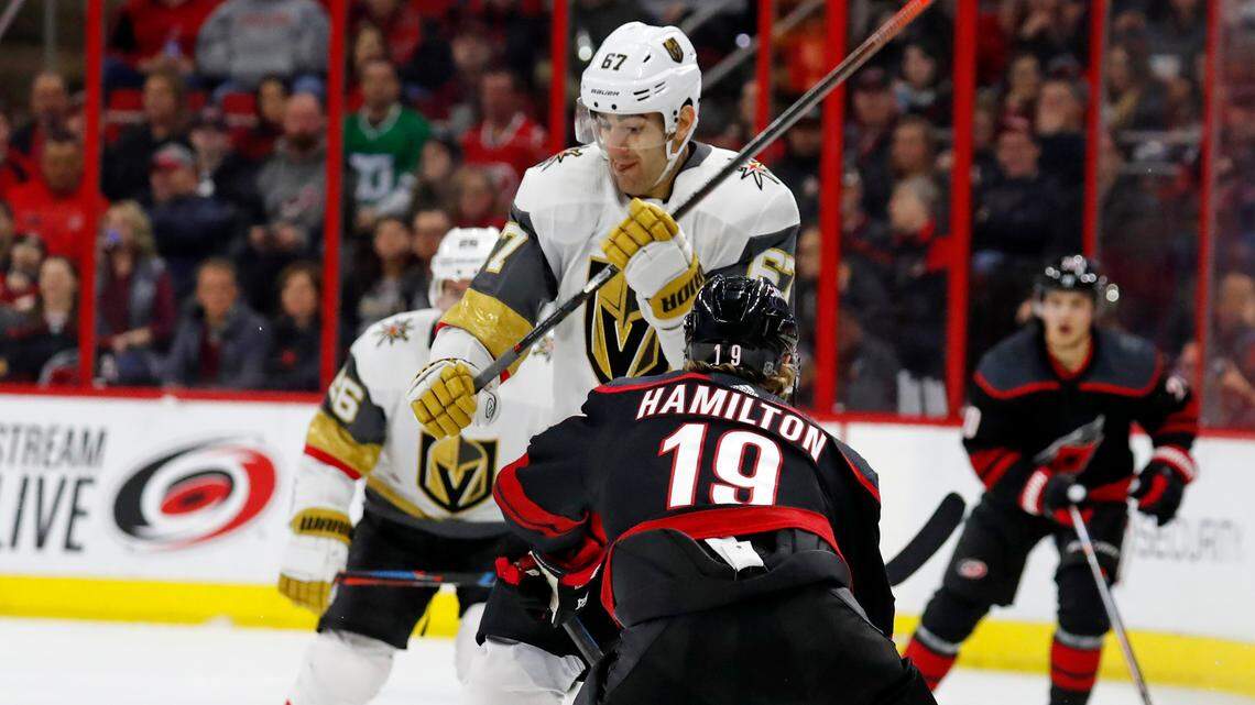 Vegas Golden Knights’ Max Pacioretty (67) collides with Carolina Hurricanes’ Dougie Hamilton (19) during the second period of an NHL hockey game, Friday, Feb. 1, 2019, in Raleigh, N.C. (AP Photo/Karl B DeBlaker)