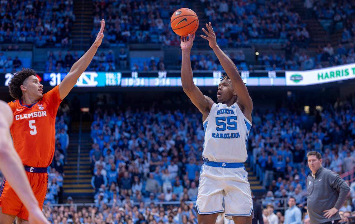 North Carolina’s Harrison Ingram (55) launches a three-point shot in the first half against Clemson on Tuesday, February 6, 2024 at the Dean E. Smith Center in Chapel Hill, N.C.