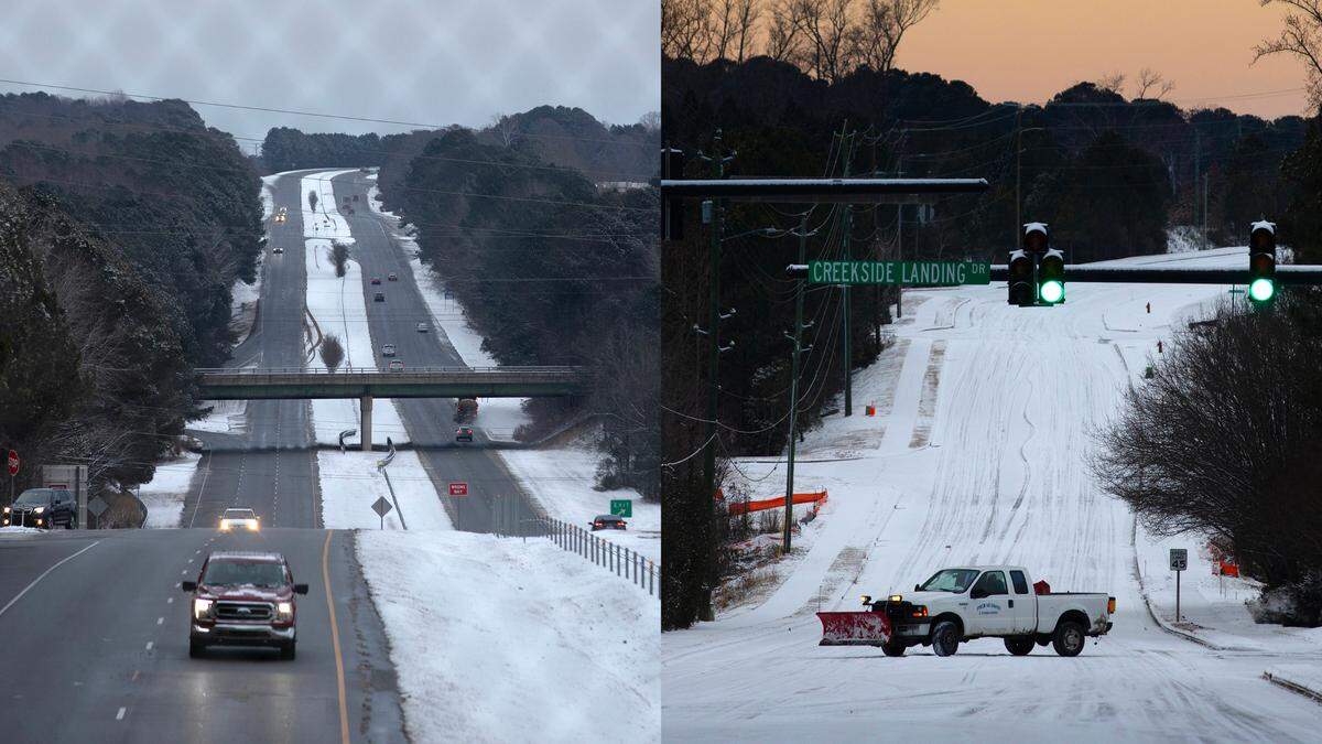 While many major roads, like US 64 (left), are relatively clear of snow in Apex Wednesday morning, many secondary roads like nearby Morris Acres road at right are still covered.