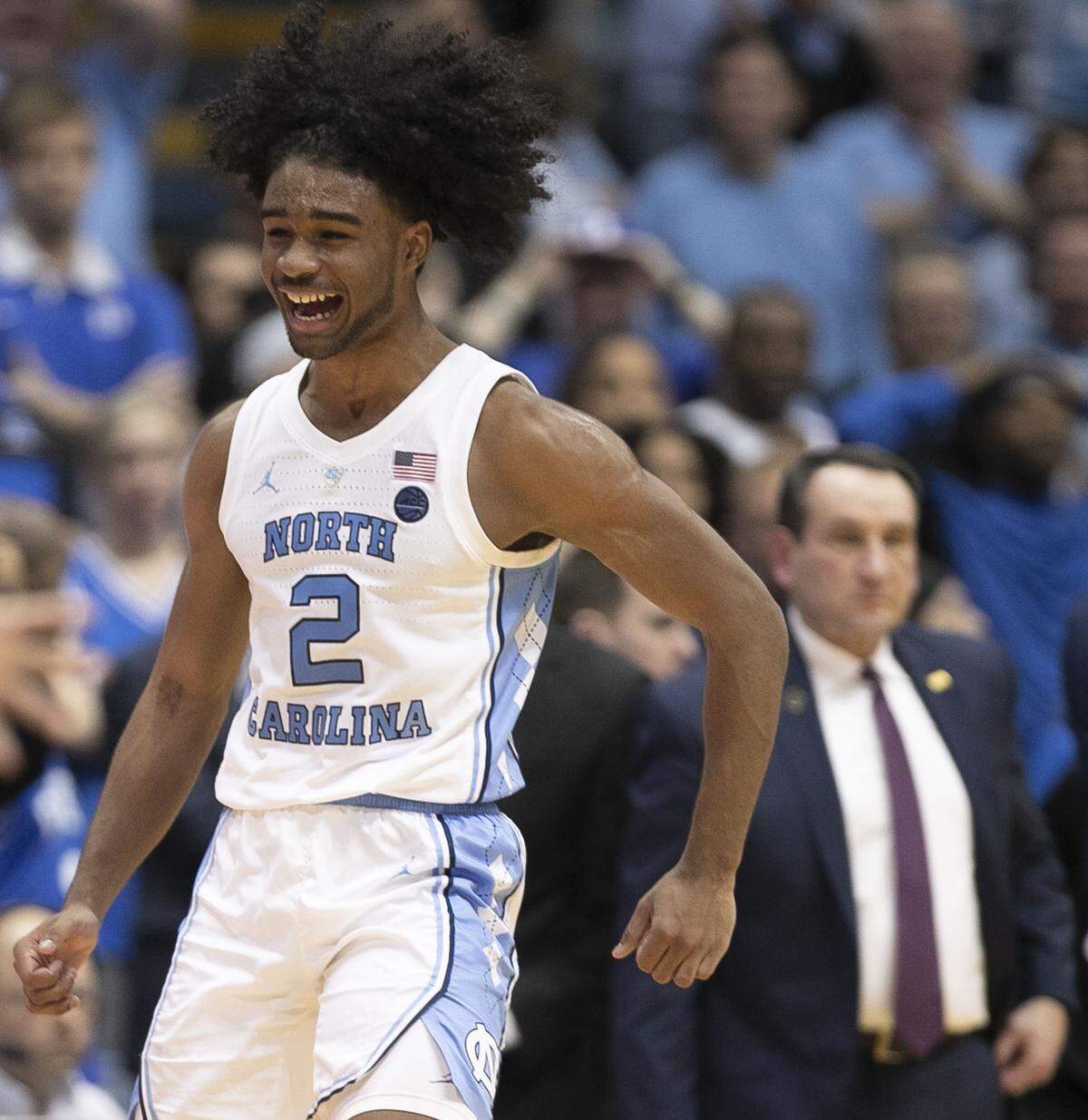 North Carolina’s Coby White (2) celebrates after Duke coach Mike Krzyzewski called a time out following a dunk by North Carolina’s Garrison Brooks (15) in the second half on Saturday, March 9, 2019 at the Smith Center in Chapel Hill, N.C.