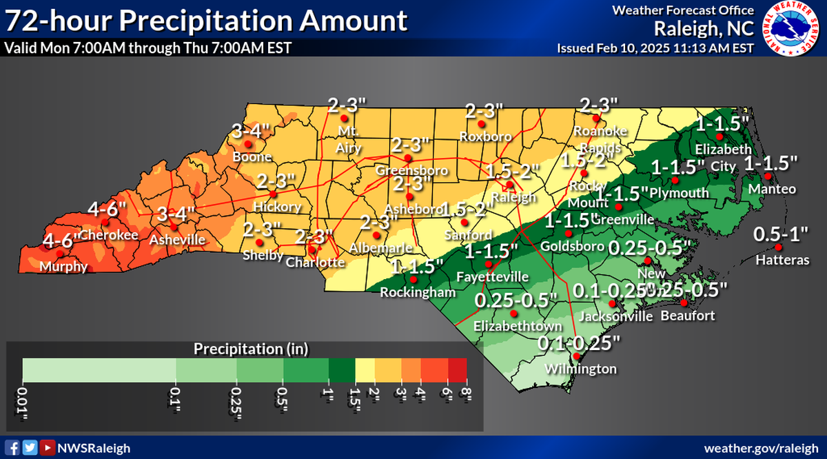 Raleigh could see up to 2 inches of rain by Thursday morning, Feb. 13, and areas to the north and west could see more.