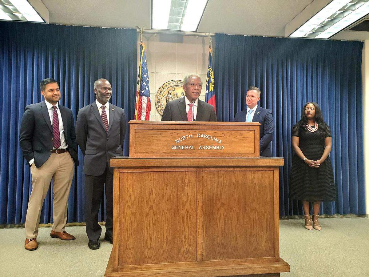 Senate Minority Leader Dan Blue, a Raleigh Democrat, talks to reporters about the Democrats’ proposal for a $200 gas tax rebate during a press conference on Thursday, June 2, 2022.