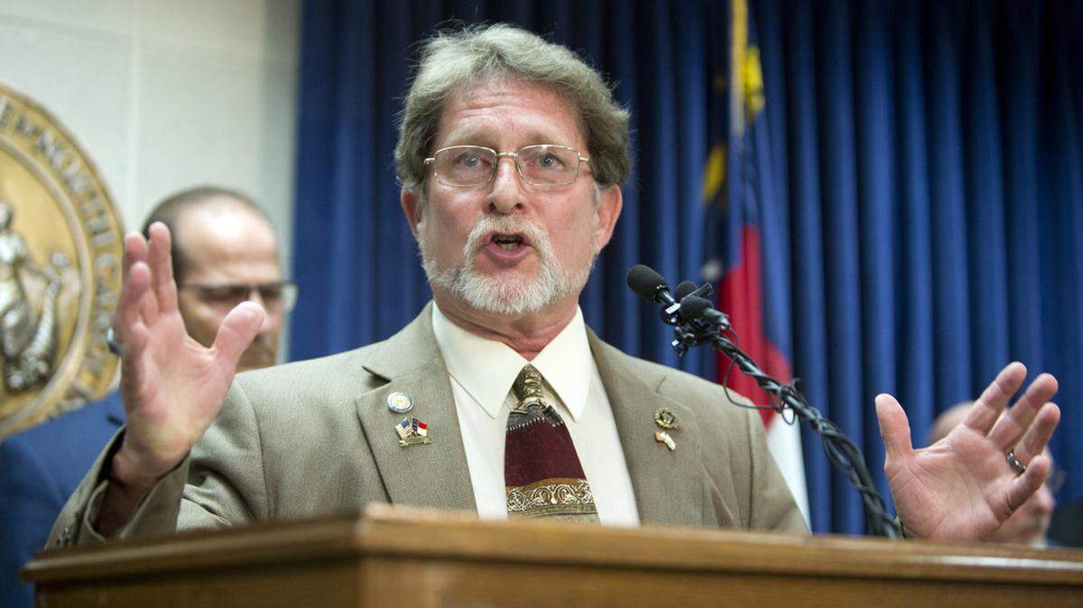 Rep. Larry Pittman (Republican-Cabarrus) said he introduced a bill that would allow teachers with concealed carry permits and extra training to carry guns at school  He spoke at a press conference held at the Legislative Building in Raleigh on June 5, 2018.