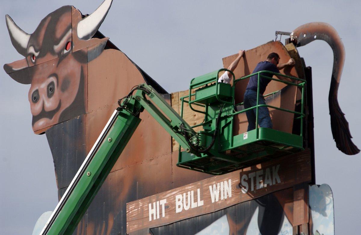 Workers replaced the second generation 'Snorting Bull' with a more modern double-sided version in 2008. The original 'Snorting Bull' was made in 1988 for the movie 'Bull Durham' and was placed originally in the old Durham Athletic Park some blocks to the north.