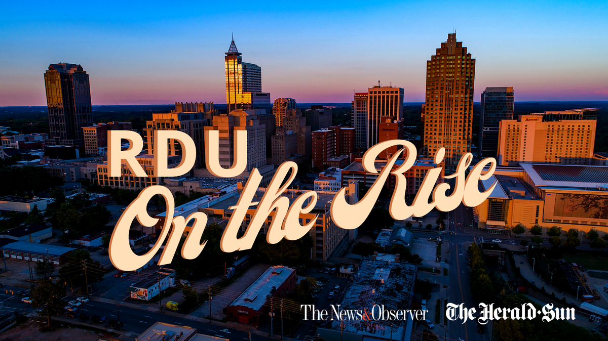 RDU on the Rise image includes Raleigh skyline and sunrise along with text.. A product of newsobserver.com and heraldsun.com