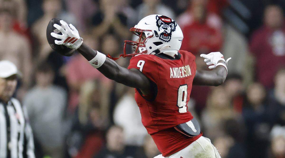 N.C. State wide receiver Terrell Anderson (9) pulls in a pass during the second half of N.C. State’s 21-11 victory over Florida State at Carter-Finley Stadium in Raleigh, N.C., Friday, Nov. 21, 2025.
