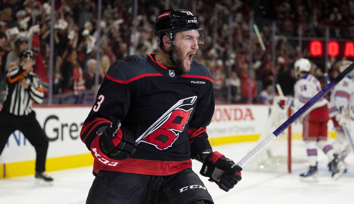 Carolina Hurricanes right wing Stefan Noesen (23) reacts after scoring in the first period on New York Rangers goaltender Igor Shesterkin (31) during Game 4 in the second round of the 2024 Stanley Cup playoffs on Saturday, May 11, 2024 at PNC Arena, in Raleigh N.C.