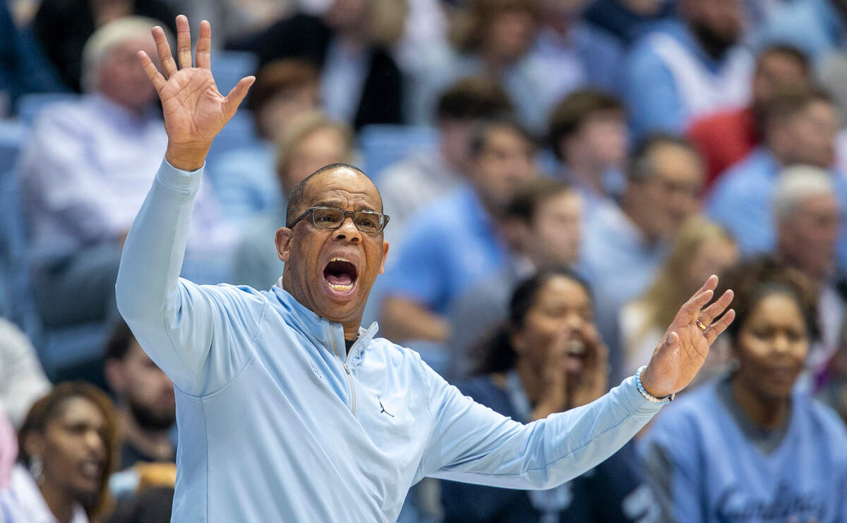 North Carolina coach Hubert Davis directs his team during the first half against N.C. State on Saturday, January 21, 2023 at the Smith Center in Chapel Hill, N.C.