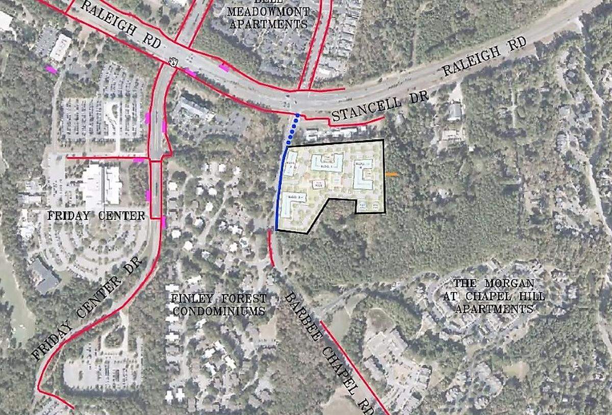 The location of the Barbee Chapel apartments project is shown in the faded block at the center of this area map. Another project, Hillmont, is proposed for the wooded land immediately east and south of the Barbee Chapel project.