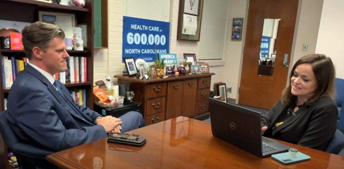 N.D. Department of Health and Human Services Secretary Kody Kinsley, left, talks with News & Observer Capitol Bureau Chief Dawn Vaughan during a recording of the Under the Dome podcast on Sept. 25, 2023.