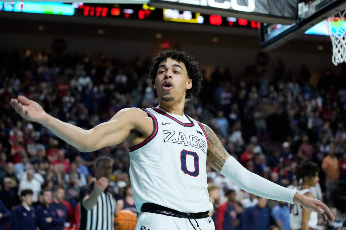 Gonzaga’s Julian Strawther (0) celebrates during the second half of an NCAA college basketball championship game against Saint Mary’s at the West Coast Conference tournament Tuesday, March 8, 2022, in Las Vegas.