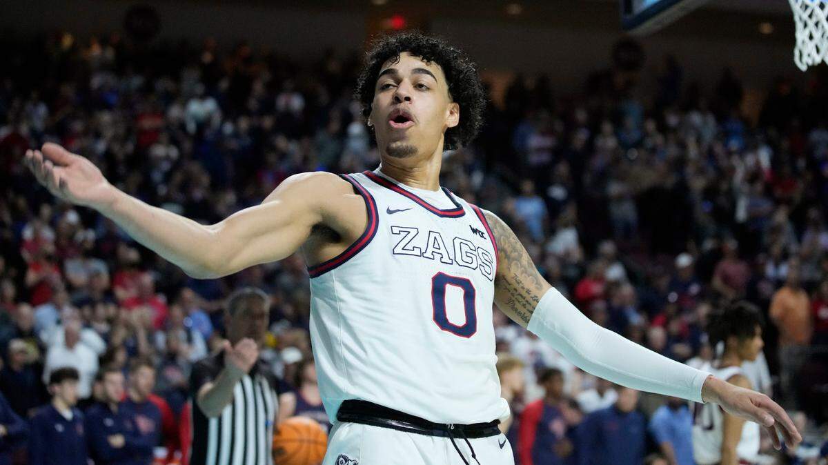 Gonzaga’s Julian Strawther (0) celebrates during the second half of an NCAA college basketball championship game against Saint Mary’s at the West Coast Conference tournament Tuesday, March 8, 2022, in Las Vegas.
