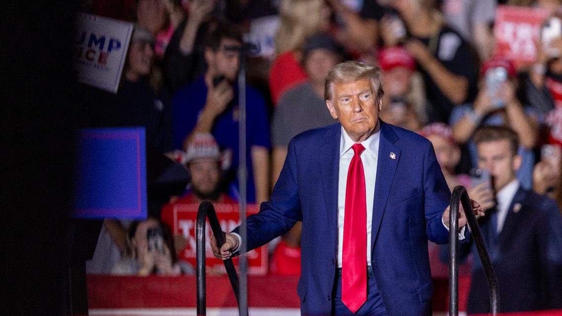 Former President Donald Trump takes the stage during a 2024 campaign rally at Minges Coliseum in Greenville, North Carolina, on Monday, Oct. 21, 2024.