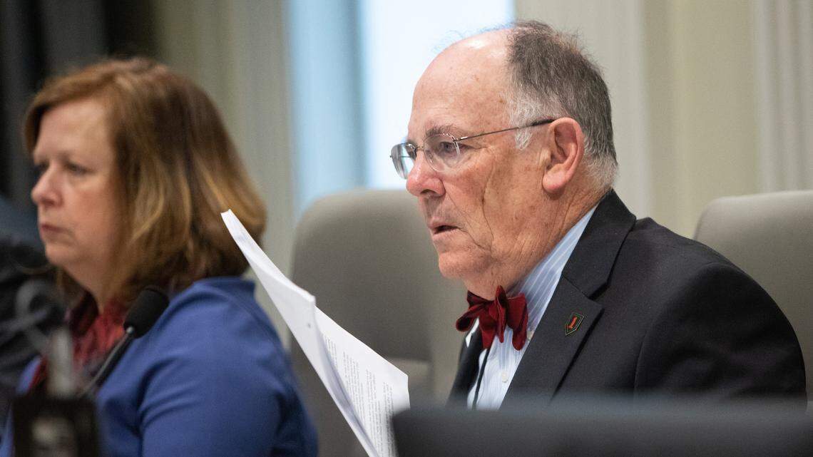 Bob Cordle, state board of elections chairman, asks questions about new documents entered into evidence during the fourth day of a public evidentiary hearing on the 9th Congressional District voting irregularities investigation Thursday, Feb. 21, 2019, at the North Carolina State Bar in Raleigh.
