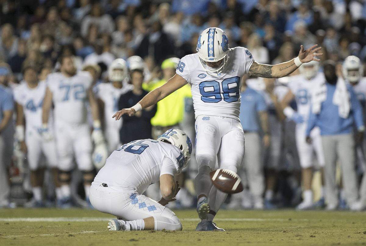 North Carolina’s Freeman Jones connects for a 30 yard field goal in the first quarter against Virginia Tech on Saturday, October 13, 2018 at Kenan Stadium in Chapel Hill, N.C.