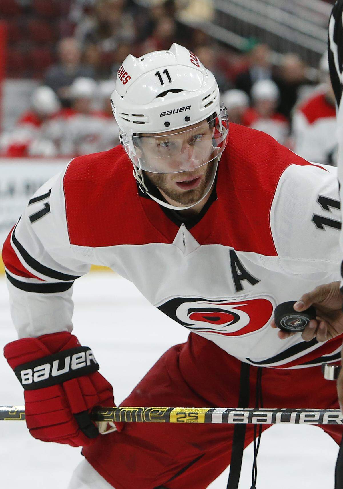 Carolina Hurricanes center Jordan Staal (11) during an NHL hockey game against the Arizona Coyotes, Friday, Nov. 2, 2018, in Glendale, Ariz. Arizona defeated Carolina 4-3. (AP Photo/Rick Scuteri)