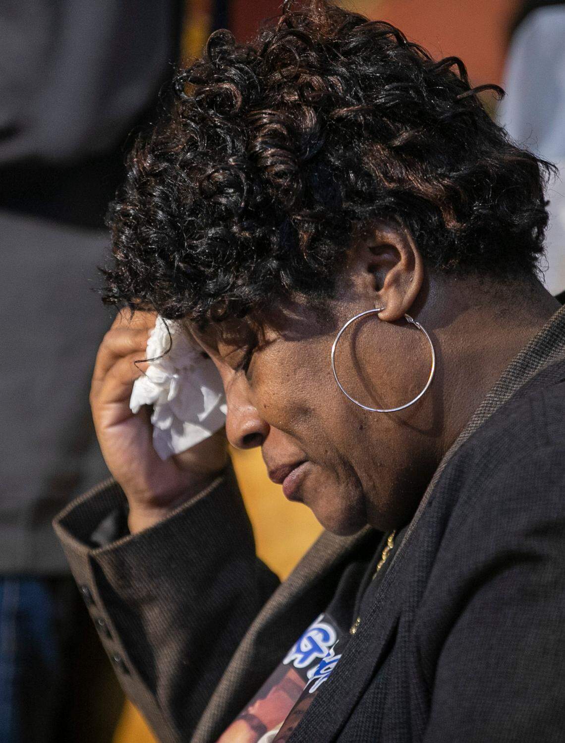 Sonya Williams, the mother of Darryl Williams, weeps while civil rights attorney Ben Crump speaks during a press briefing on Thursday, February 16. 2023 at Mount Peace Baptist Church in Raleigh, N.C. Williams was tased by Raleigh police in January. Crump has been retained by the Williams family, calling for the officers involved to be charged with manslaughter.