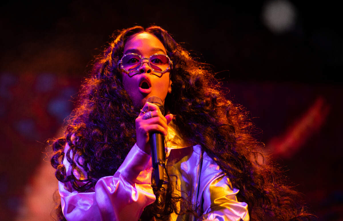 H.E.R. in concert at Raleigh, N.C.’s Red Hat Amphitheater, Friday night, June 24, 2021.