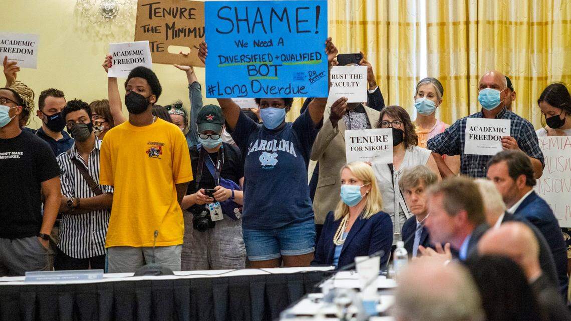 Demonstrators protest a UNC-Chapel Hill trustees meeting Wednesday, June, 30, 2021 as the board prepared to discuss and vote on tenure for distinguished journalist Nikole Hannah-Jones.
